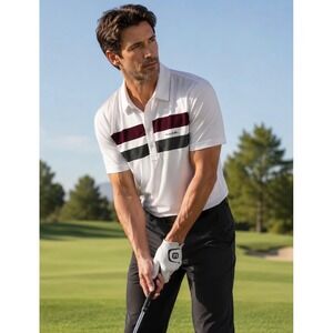 TravisMathew Polo Shirt Mens XL White Burgundy‎ Grey Striped Performance Golf